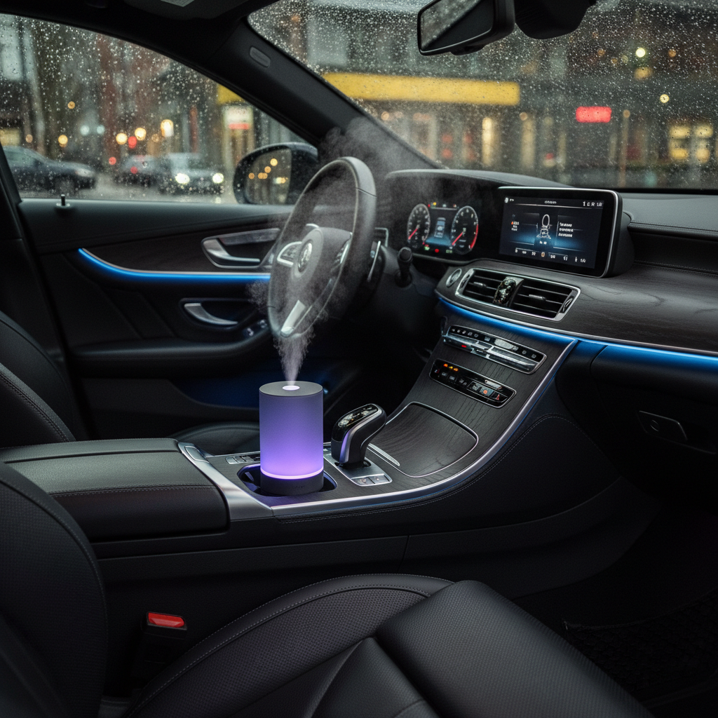 Diffuseur de parfum LED USB pour voiture – Brume parfumée & lumière d’ambiance